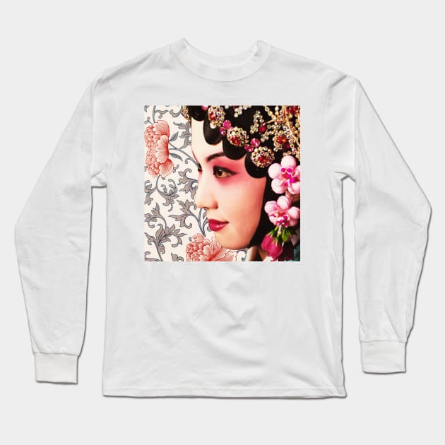 Chinese Opera Star Blue with Pastel Traditional Floral Pattern- Hong Kong Retro Long Sleeve T-Shirt by CRAFTY BITCH